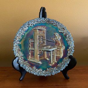 Fenton Carnival Glass Plate Of Earliest American Printer - The Bay Psalm Book